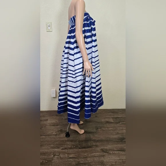 NF Striped 100% Cotton Box Pleated Maxi Skirt Blue/ White One Size Whit Pockets - Picture 12 of 16